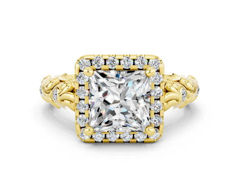 Yellow gold Princess Cut Halo Diamond Solitaire with Filigree Band and Four-Prong Setting