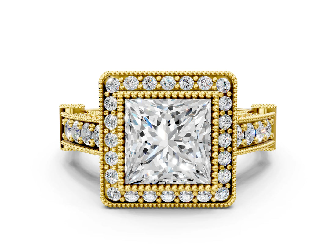 Yellow gold Princess Cut Halo Diamond Split Shank Pave Ring_13