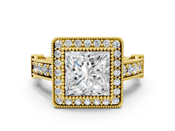Yellow Gold Princess Cut Vintage Bezel Halo Engagement Ring Setting