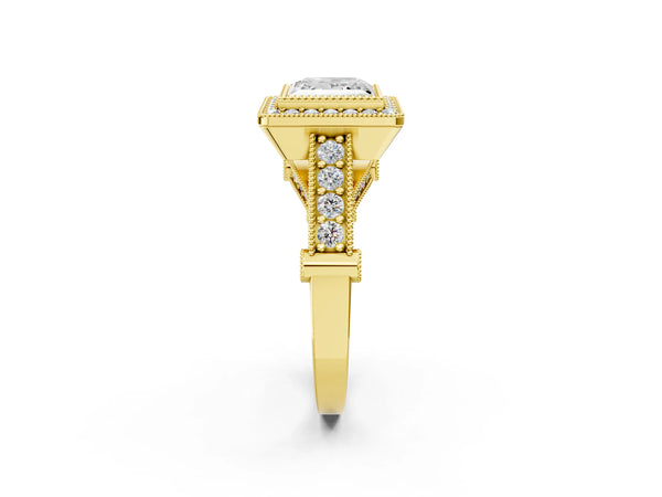 Yellow Gold Princess Cut Vintage Bezel Halo Engagement Ring Setting