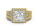 Yellow gold Princess Cut Halo Diamond Split Shank Ring with Prong Setting_3
