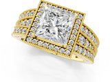 Yellow gold Princess Cut Halo Diamond Split Shank Ring with Prong Setting_4