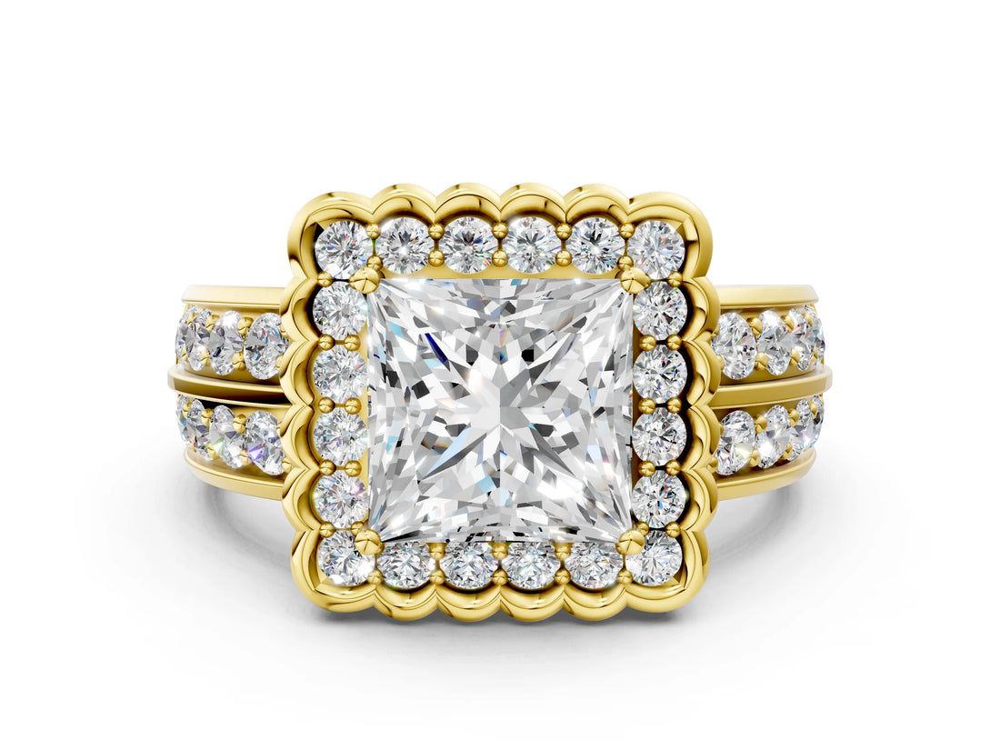 Yellow gold Princess Cut Halo Diamond Split Shank Ring with Scalloped Prong Setting_3