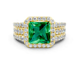 Yellow gold Princess Cut Halo Emerald Ring with Split Shank and Four-Prong Setting