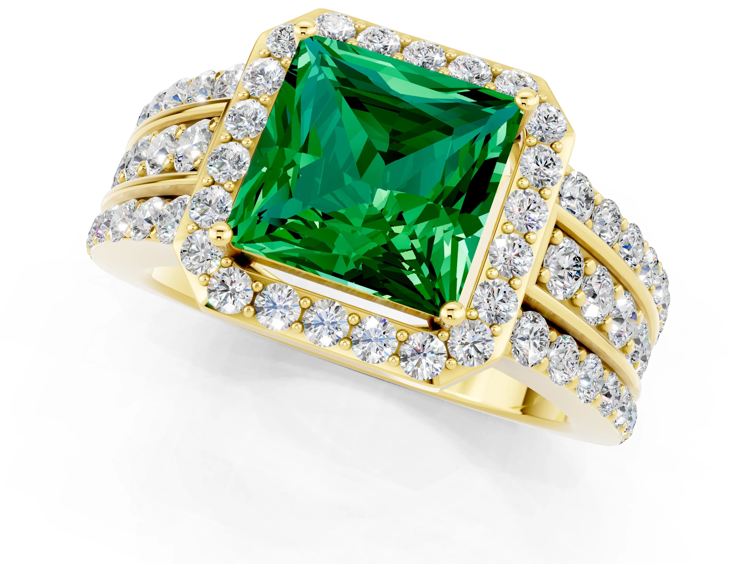 Yellow gold Princess Cut Halo Emerald Ring with Split Shank and Four-Prong Setting_1