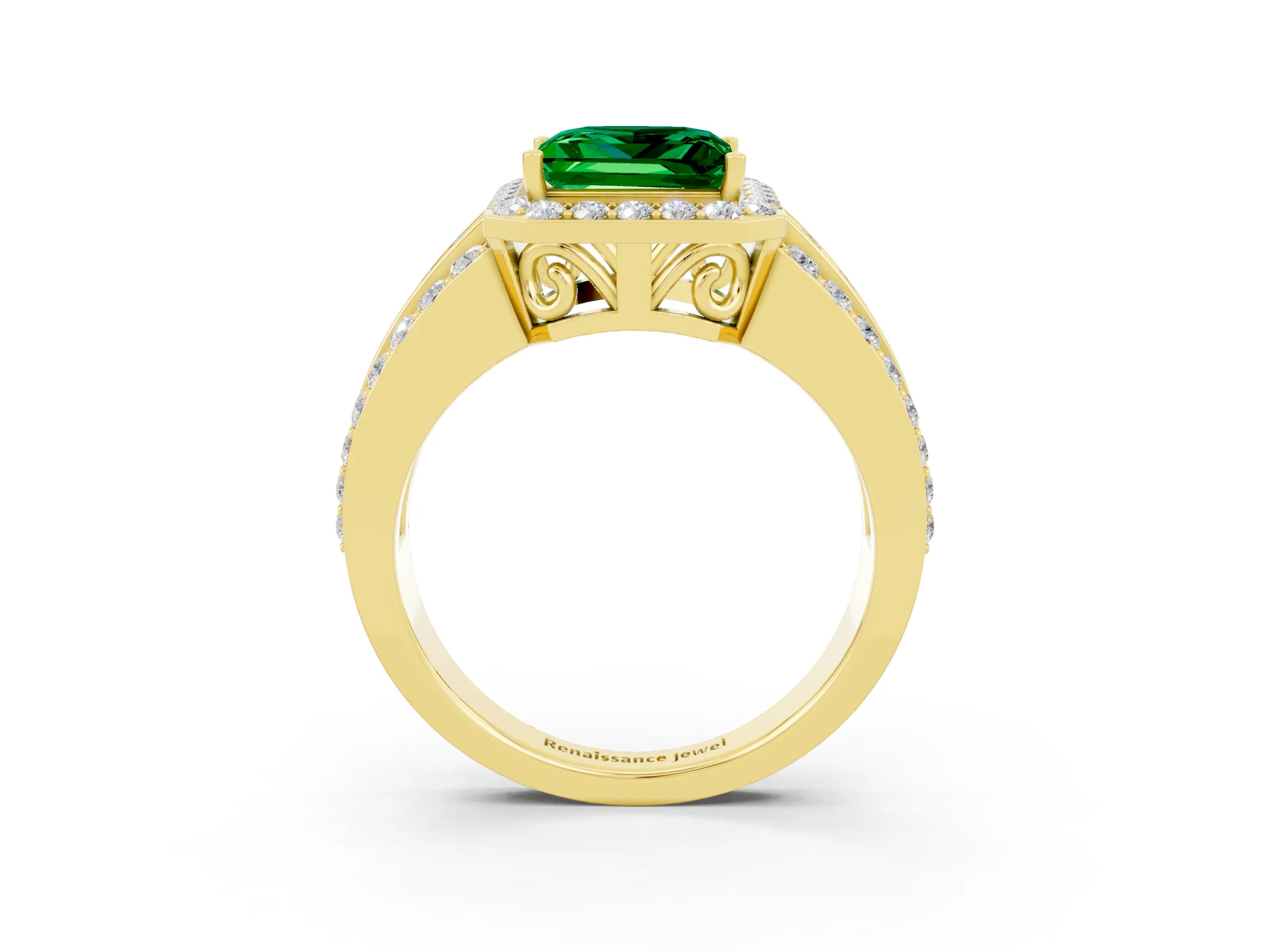 Yellow gold Princess Cut Halo Emerald Ring with Split Shank and Four-Prong Setting_3