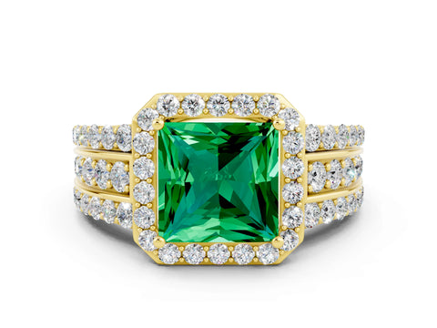 Yellow gold Princess Cut Halo Emerald Ring with Split Shank and Four-Prong Setting