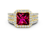 Yellow gold Princess Cut Halo Garnet Ring with Split Shank and Four-Prong Setting