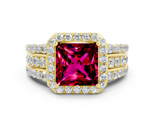 Yellow gold Princess Cut Halo Garnet Ring with Round  Split Shank and Prong Setting