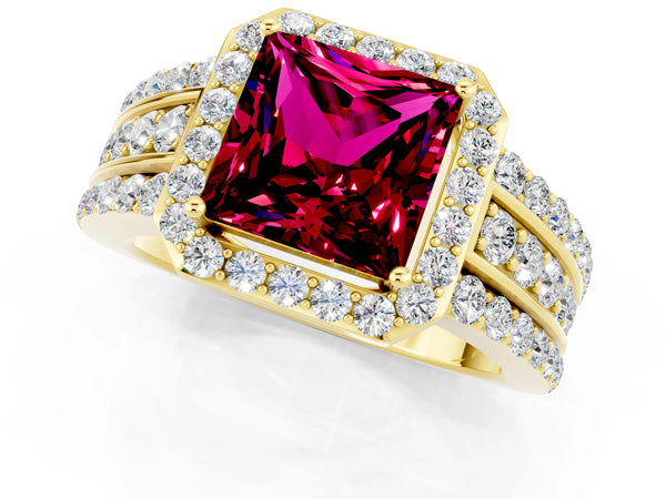 Yellow gold Princess Cut Halo Garnet Ring with Round  Split Shank and Prong Setting