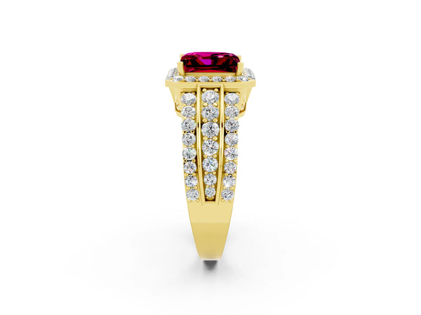 Yellow gold Princess Cut Halo Garnet Ring with Round  Split Shank and Prong Setting