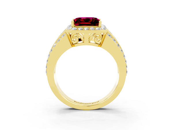 Yellow gold Princess Cut Halo Garnet Ring with Round  Split Shank and Prong Setting