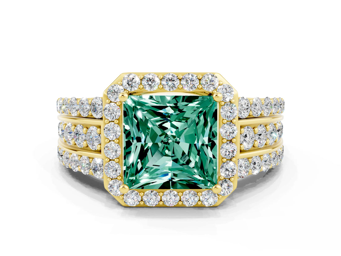 Yellow gold Princess Cut Halo Green Sapphire Ring with Split Shank and Four-Prong Setting