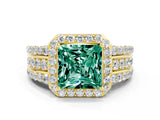 Yellow gold Princess Cut Halo Green Sapphire Ring with Split Shank and Four-Prong Setting