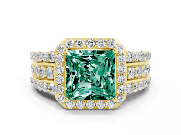 Yellow gold Princess Cut Halo Green Sapphire Ring with Round  Split Shank and Prong Setting