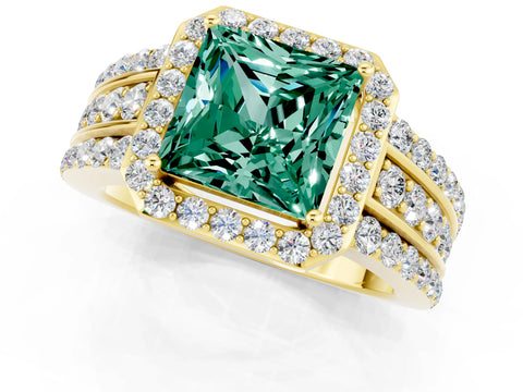 Yellow gold Princess Cut Halo Green Sapphire Ring with Split Shank and Four-Prong Setting_1