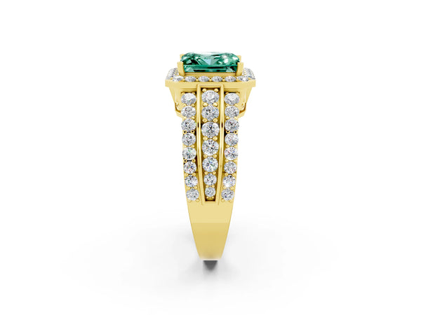 Yellow gold Princess Cut Halo Green Sapphire Ring with Round  Split Shank and Prong Setting