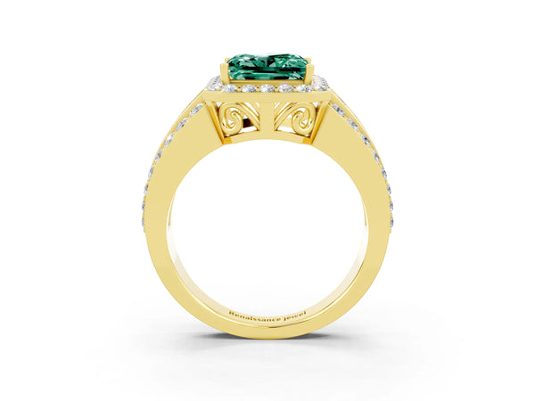 Yellow gold Princess Cut Halo Green Sapphire Ring with Round  Split Shank and Prong Setting