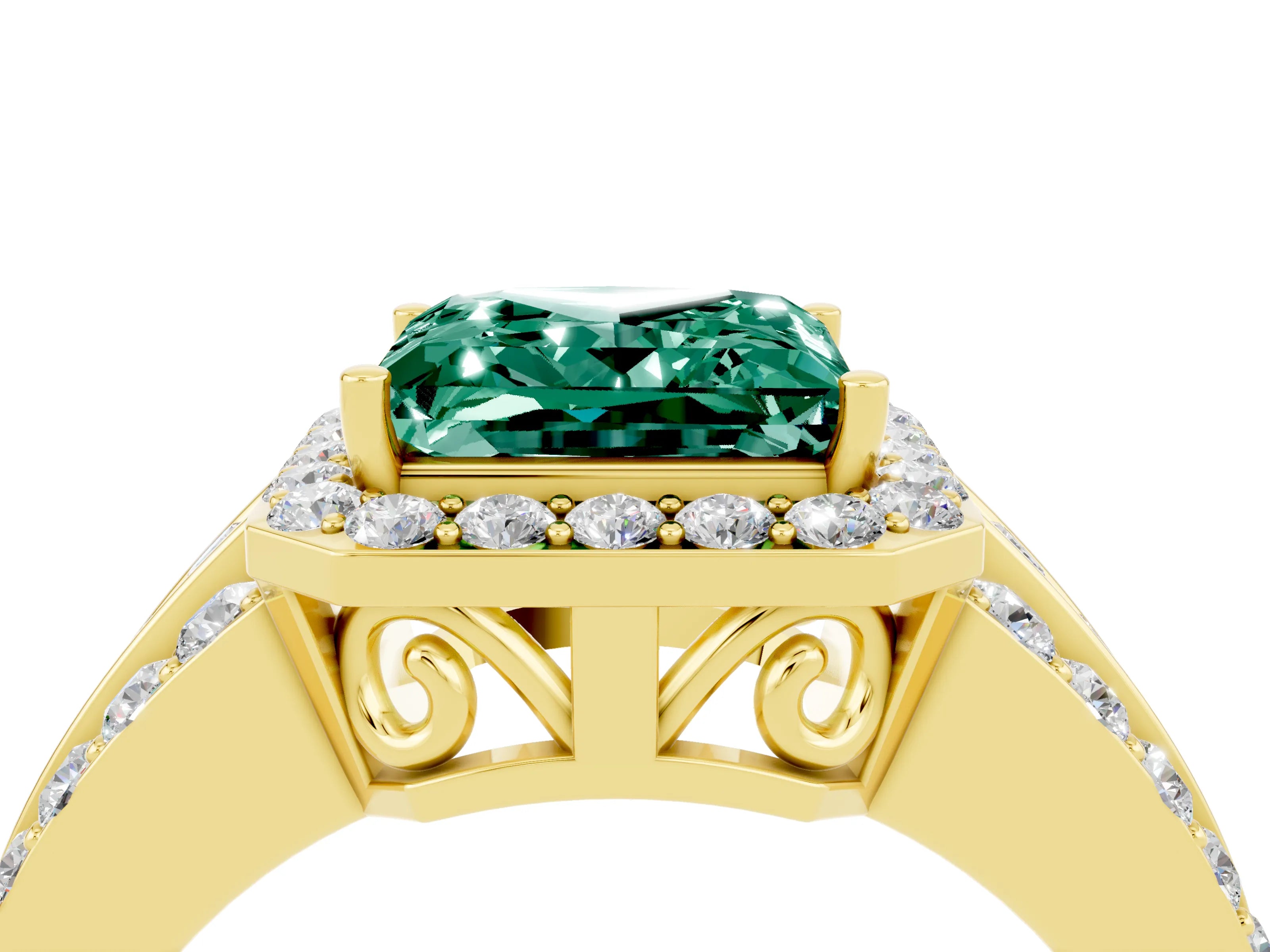 Yellow gold Princess Cut Halo Green Sapphire Ring with Split Shank and Four-Prong Setting_4