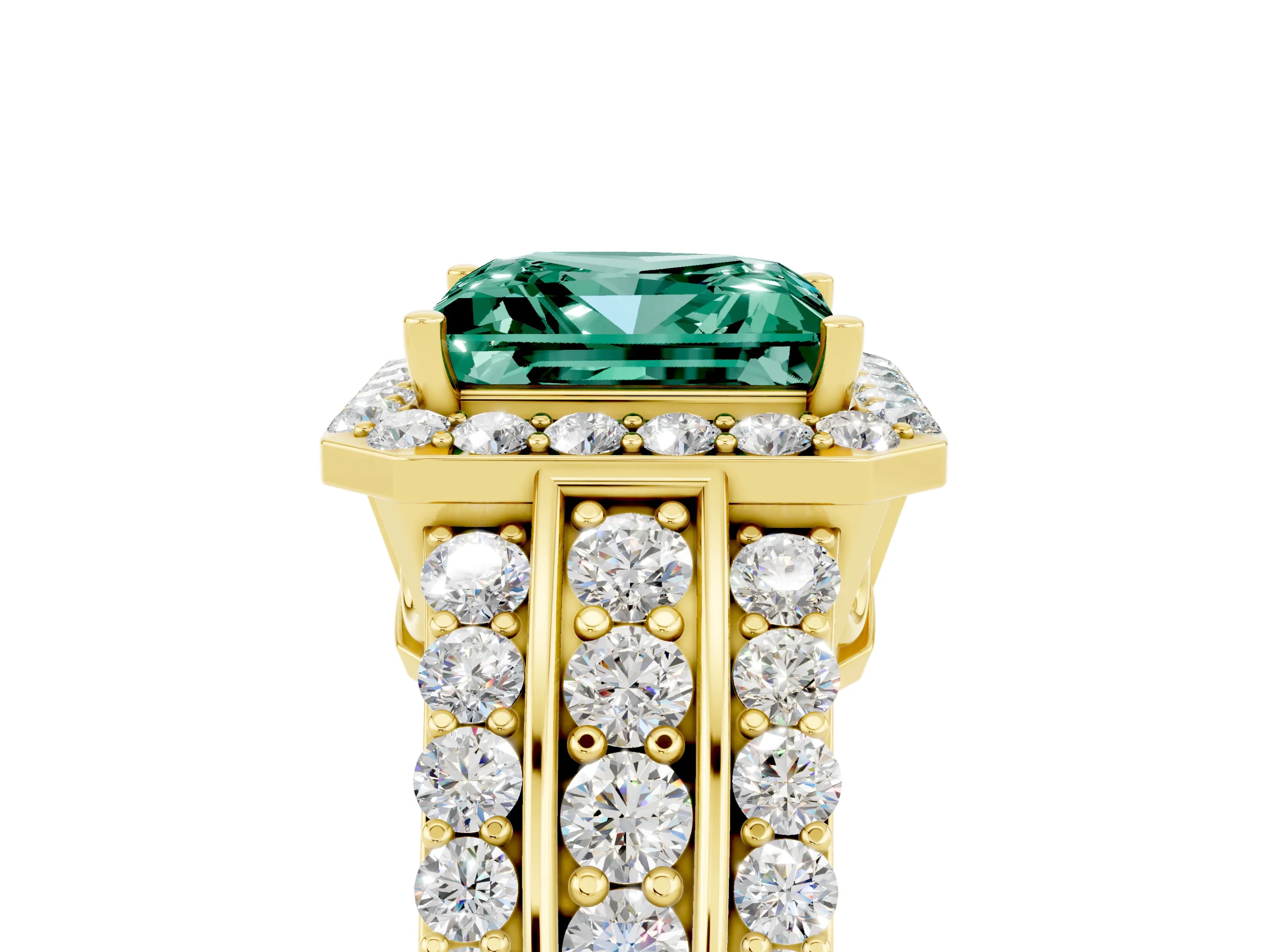 Yellow gold Princess Cut Halo Green Sapphire Ring with Split Shank and Four-Prong Setting_5