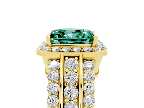 Yellow gold Princess Cut Halo Green Sapphire Ring with Split Shank and Four-Prong Setting_5