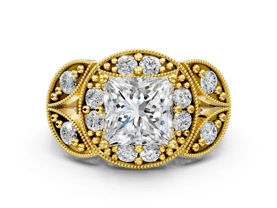 Yellow gold Princess Cut Halo Milgrain Diamond Engagement Ring with Leaf Band and Four-Prong Setting_3