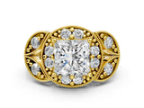 Yellow gold Princess Cut Halo Milgrain Diamond Engagement Ring with Leaf Band and Four-Prong Setting_3