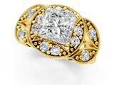 Yellow gold Princess Cut Halo Milgrain Diamond Engagement Ring with Leaf Band and Four-Prong Setting_4