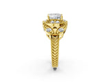 Yellow gold Princess Cut Halo Milgrain Diamond Engagement Ring with Leaf Band and Four-Prong Setting_5