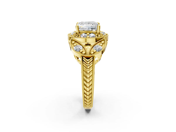 Yellow gold Princess Cut Halo Milgrain Diamond Engagement Ring with Leaf Band and Four-Prong Setting