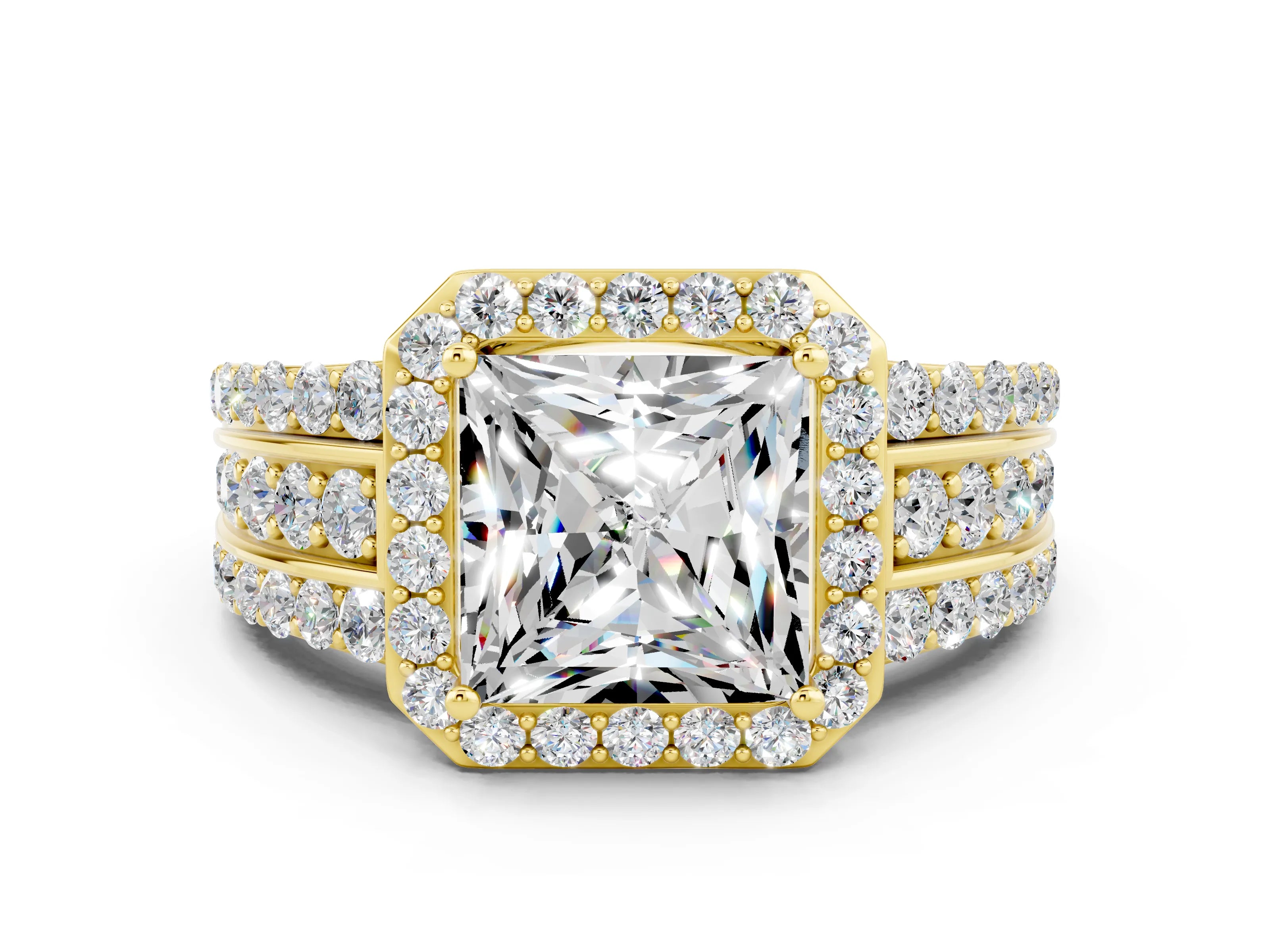 Yellow gold Princess Cut Halo Moissanite Ring with Split Shank and Four-Prong Setting