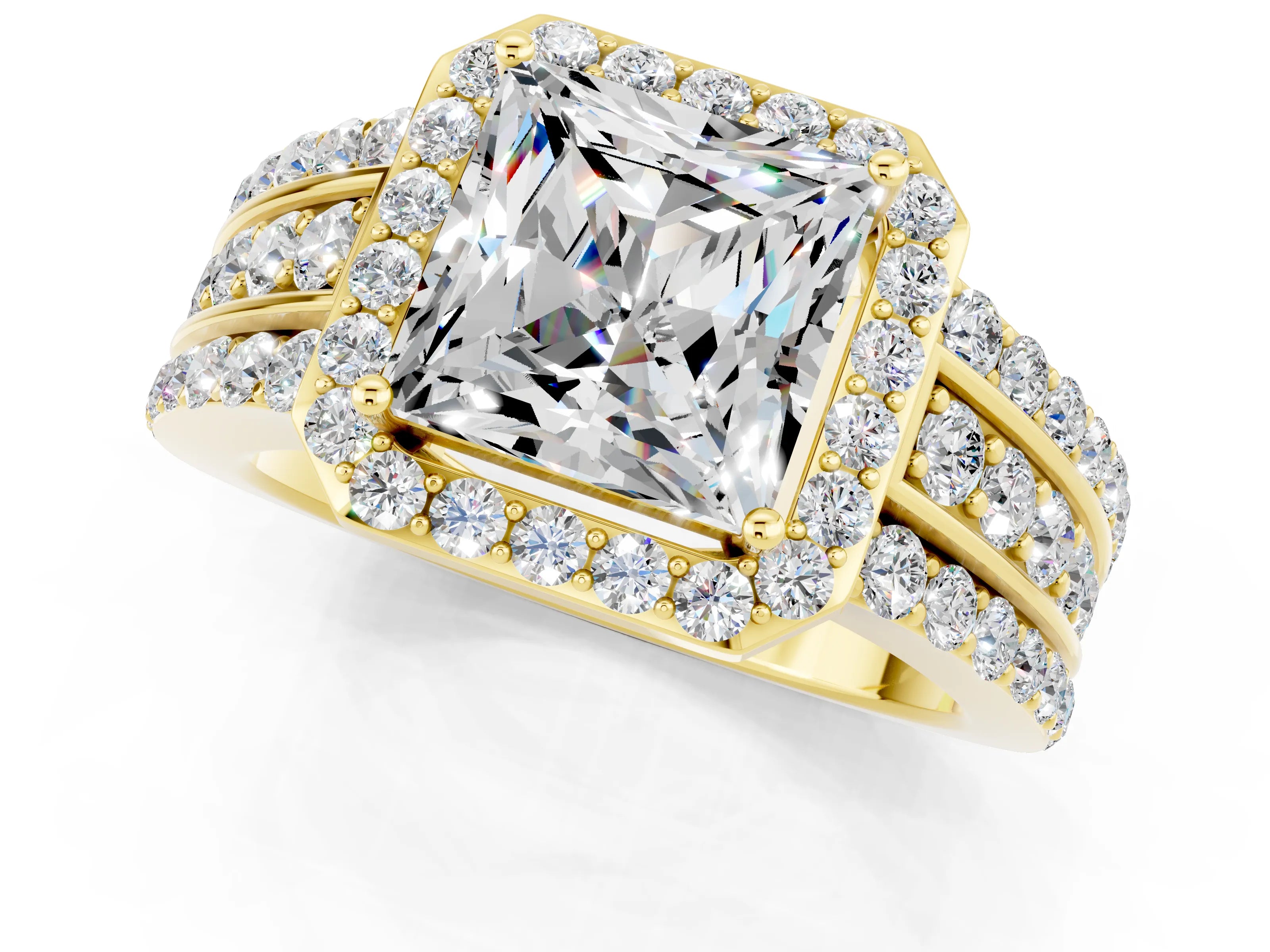 Yellow gold Princess Cut Halo Moissanite Ring with Split Shank and Four-Prong Setting_1