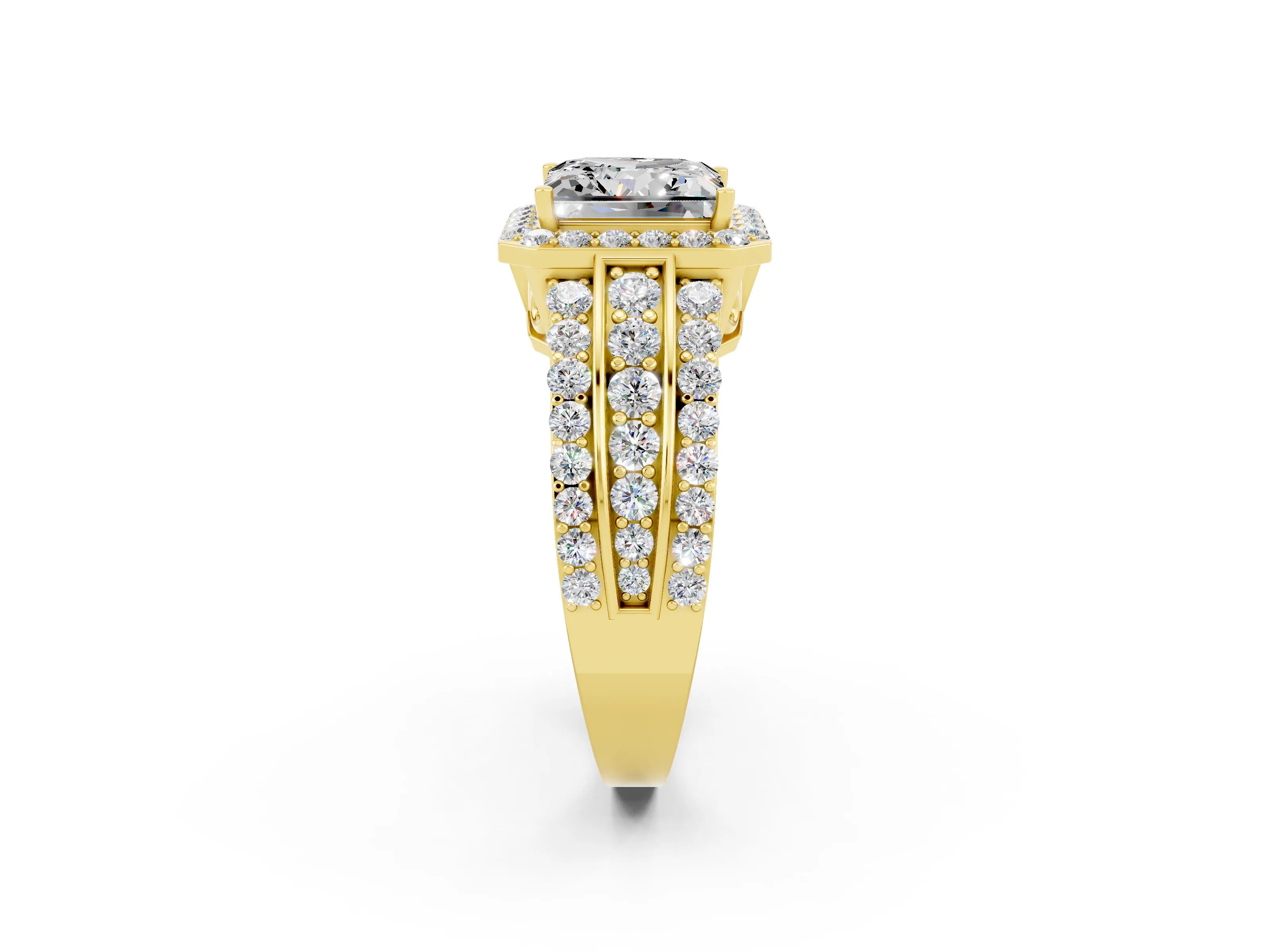 Yellow gold Princess Cut Halo Moissanite Ring with Split Shank and Four-Prong Setting_2