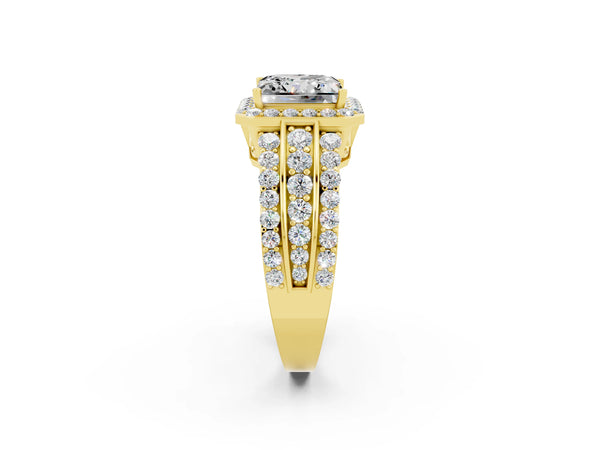Yellow gold Princess Cut Halo Moissanite Ring with Round  Split Shank and Prong Setting