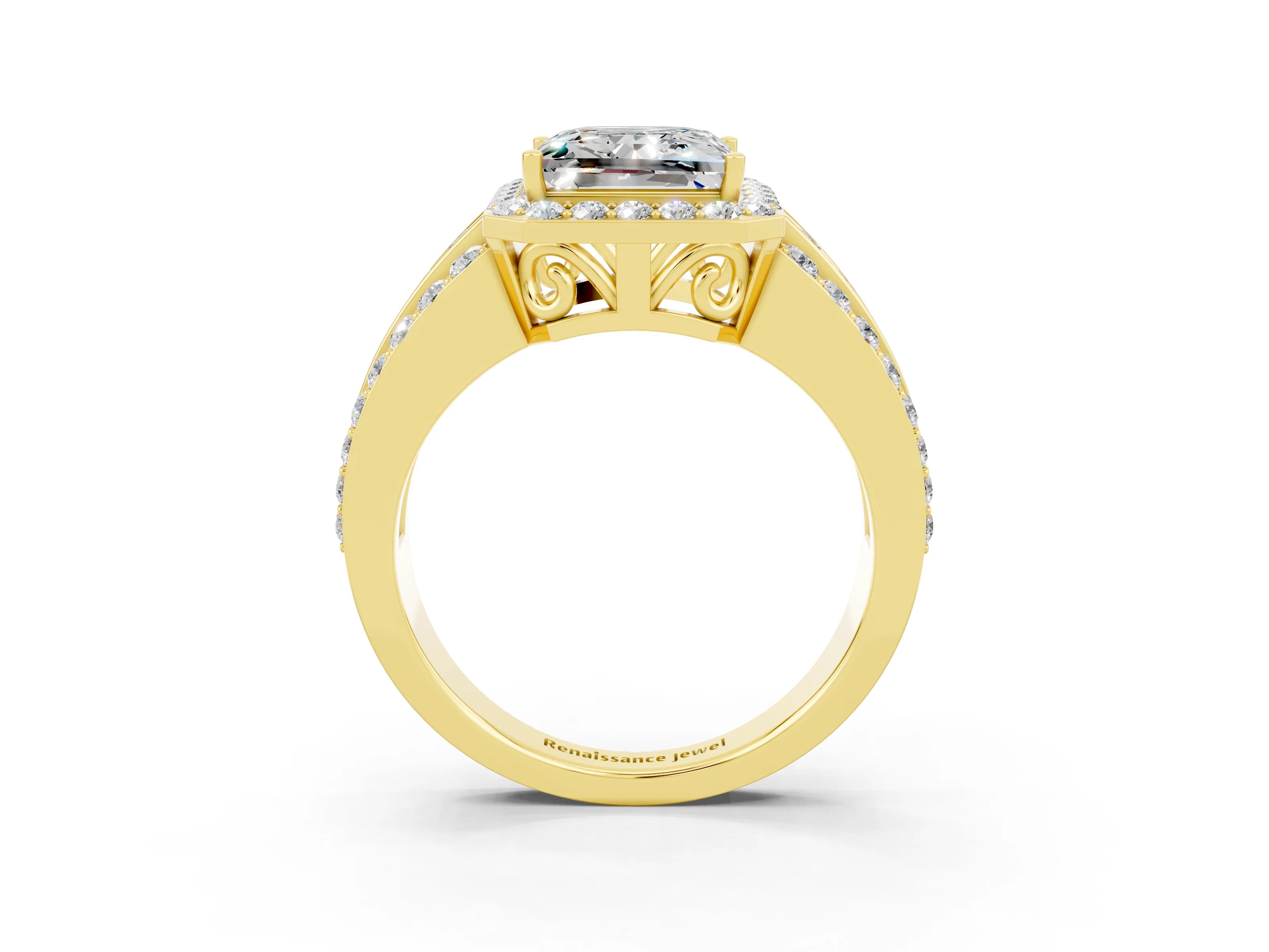 Yellow gold Princess Cut Halo Moissanite Ring with Split Shank and Four-Prong Setting_3