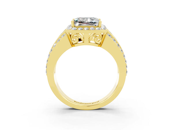 Yellow gold Princess Cut Halo Moissanite Ring with Round  Split Shank and Prong Setting