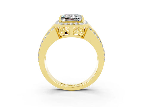 Yellow gold Princess Cut Halo Moissanite Ring with Split Shank and Four-Prong Setting_3