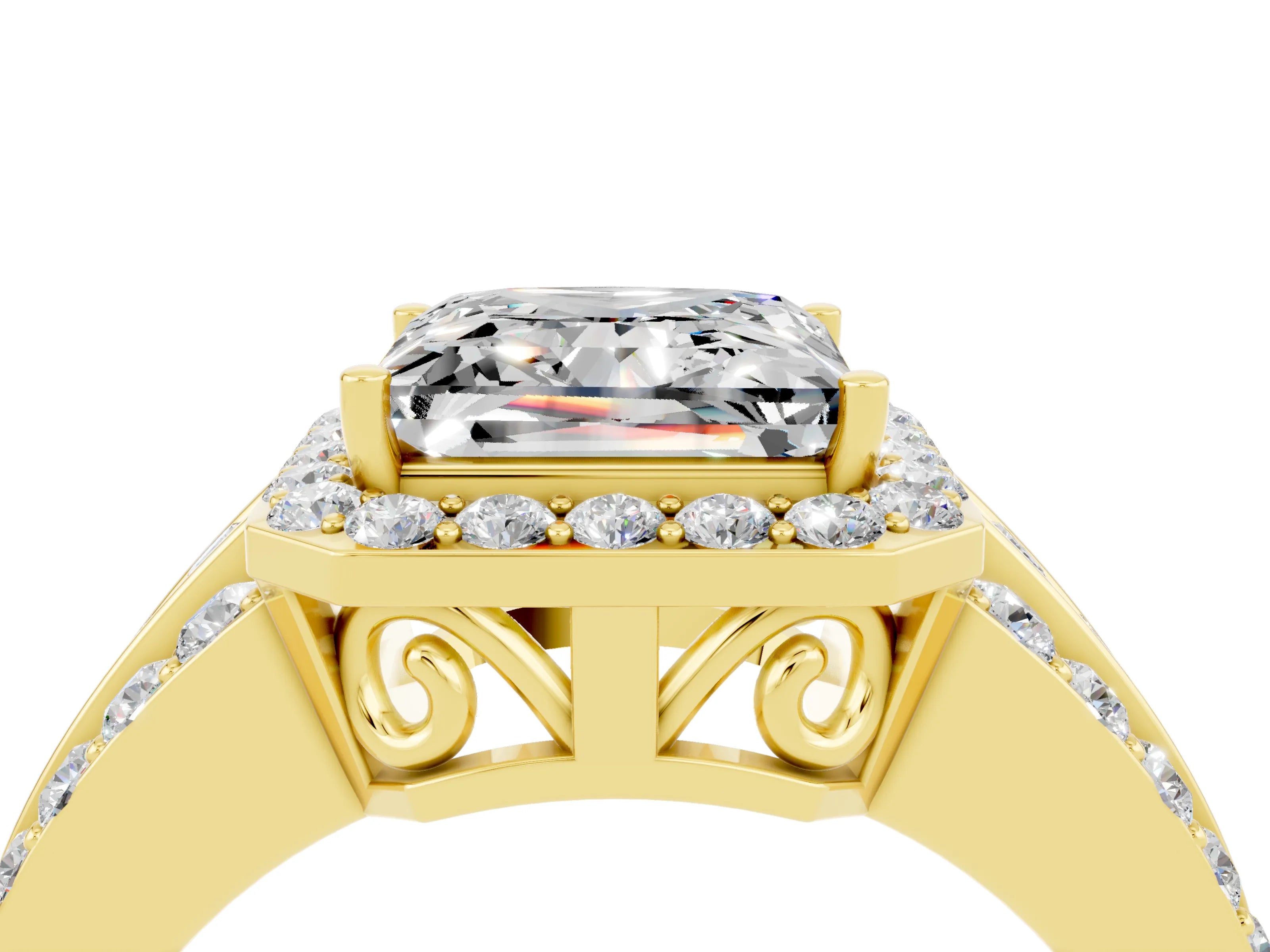 Yellow gold Princess Cut Halo Moissanite Ring with Split Shank and Four-Prong Setting_4