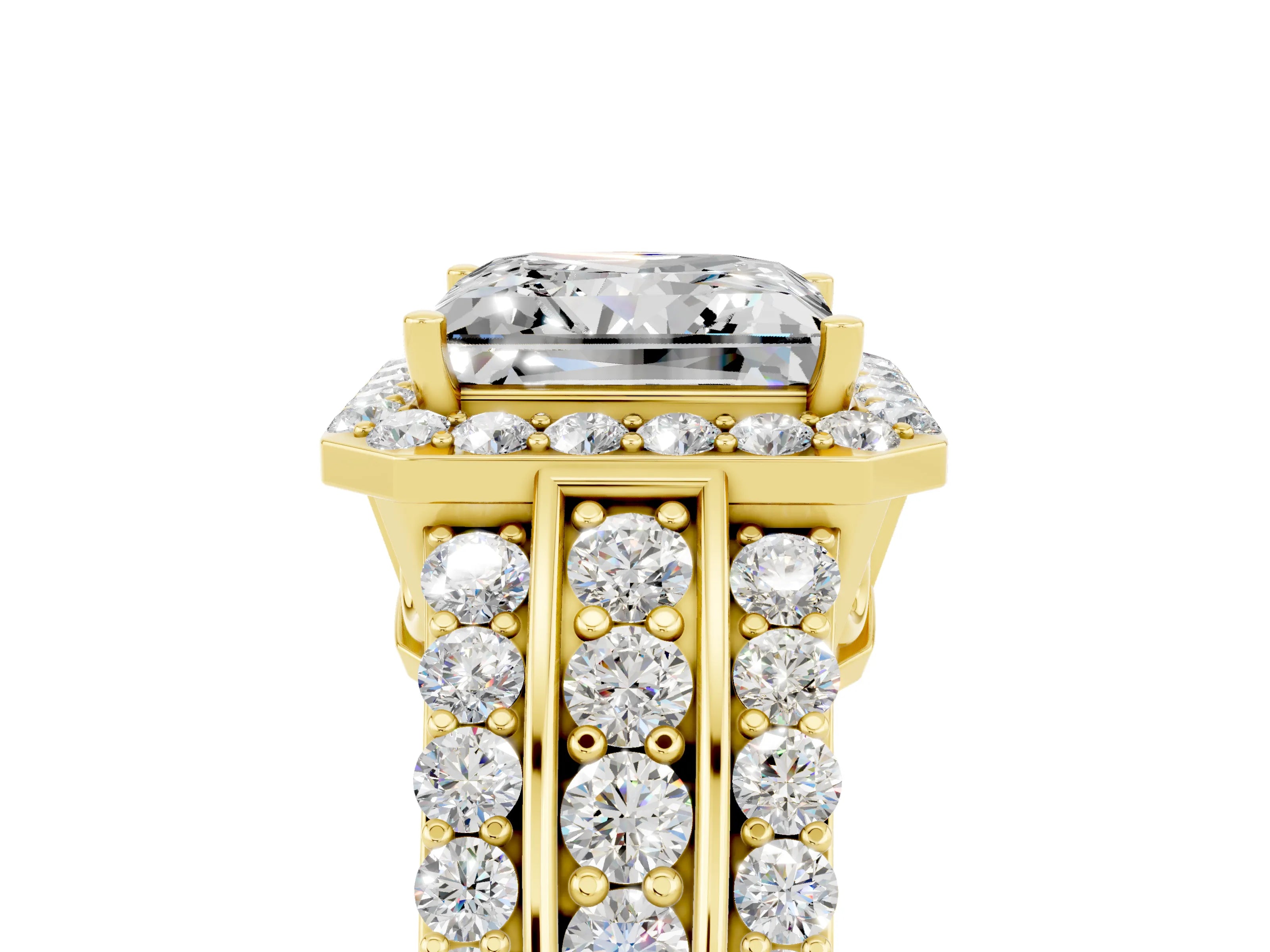 Yellow gold Princess Cut Halo Moissanite Ring with Split Shank and Four-Prong Setting_5