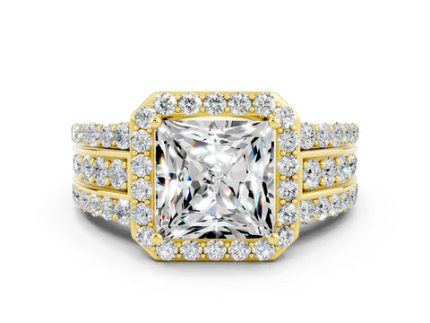 Yellow gold Princess Cut Halo Moissanite Ring with Split Shank and Four-Prong Setting