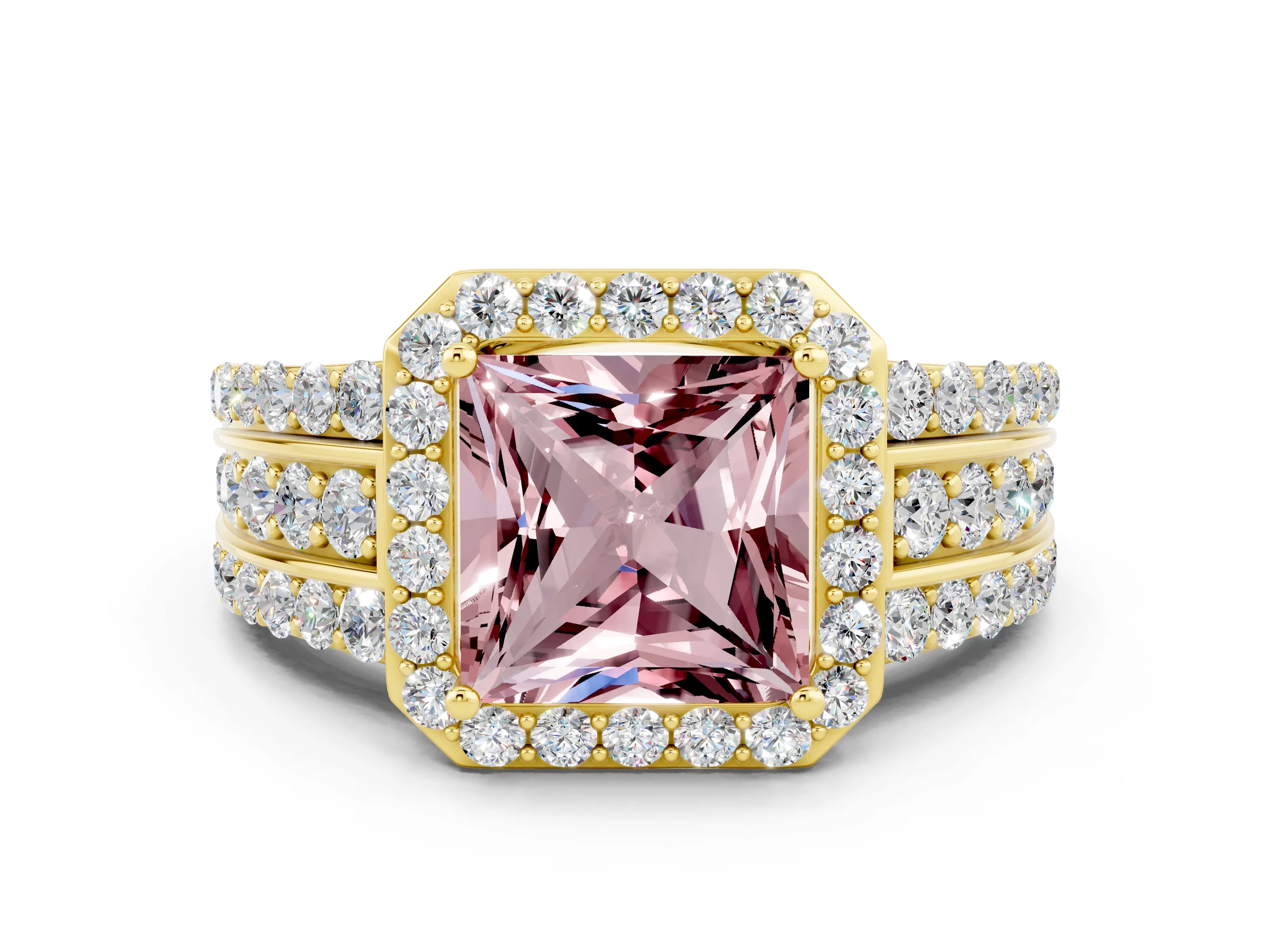 Yellow gold Princess Cut Halo Morganite Ring with Split Shank and Four-Prong Setting