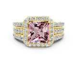 Yellow gold Princess Cut Halo Morganite Ring with Split Shank and Four-Prong Setting