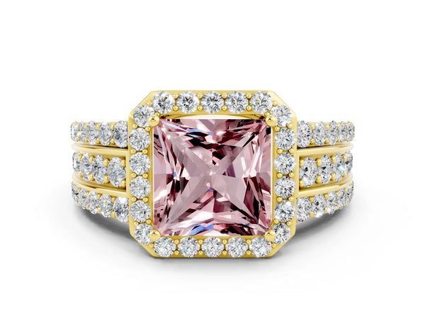 Yellow gold Princess Cut Halo Morganite Ring with Round  Split Shank and Prong Setting