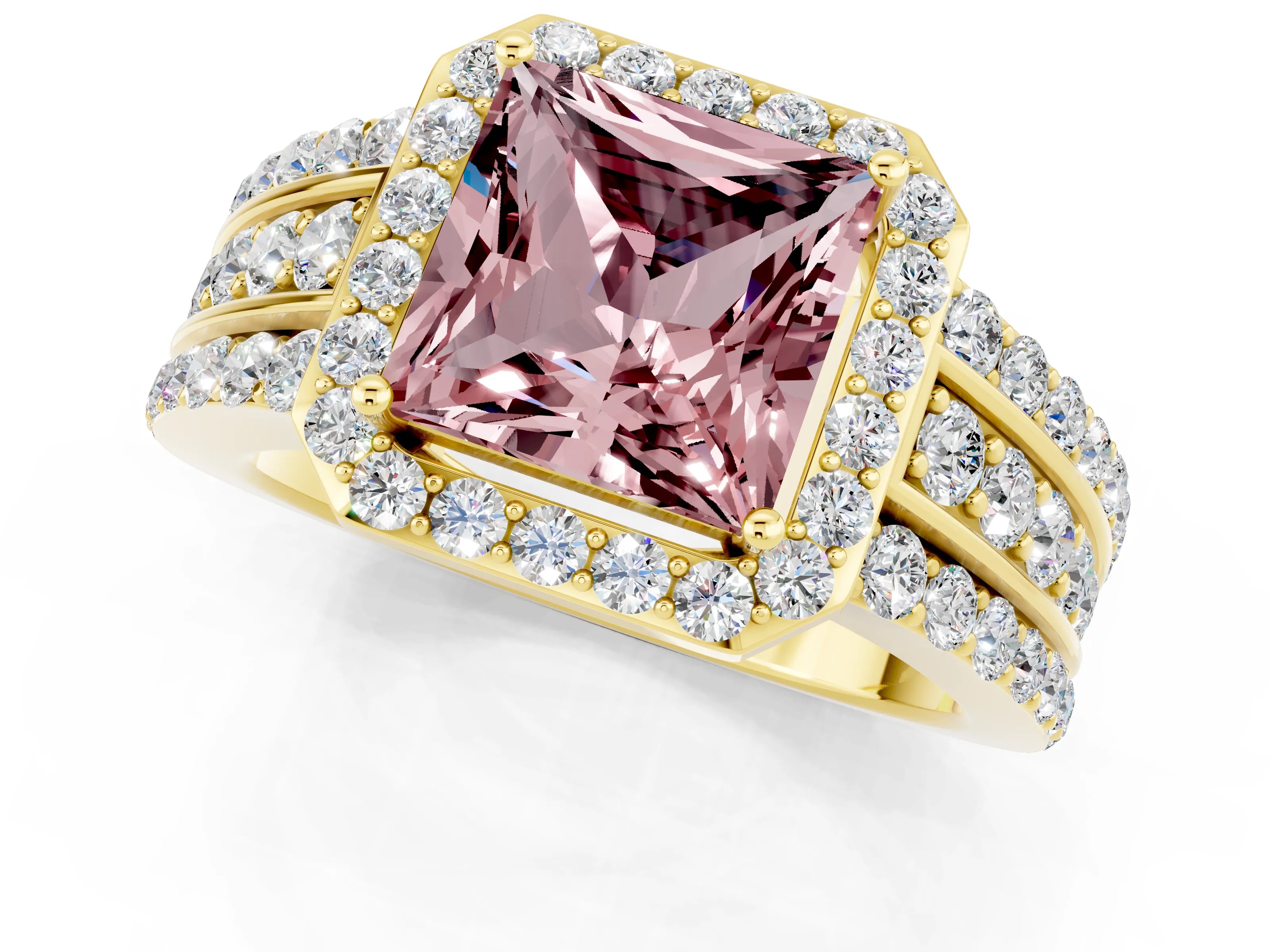 Yellow gold Princess Cut Halo Morganite Ring with Split Shank and Four-Prong Setting_1