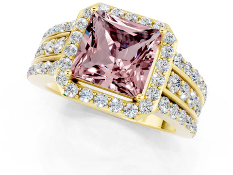 Yellow gold Princess Cut Halo Morganite Ring with Split Shank and Four-Prong Setting_1