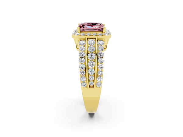 Yellow gold Princess Cut Halo Morganite Ring with Round  Split Shank and Prong Setting