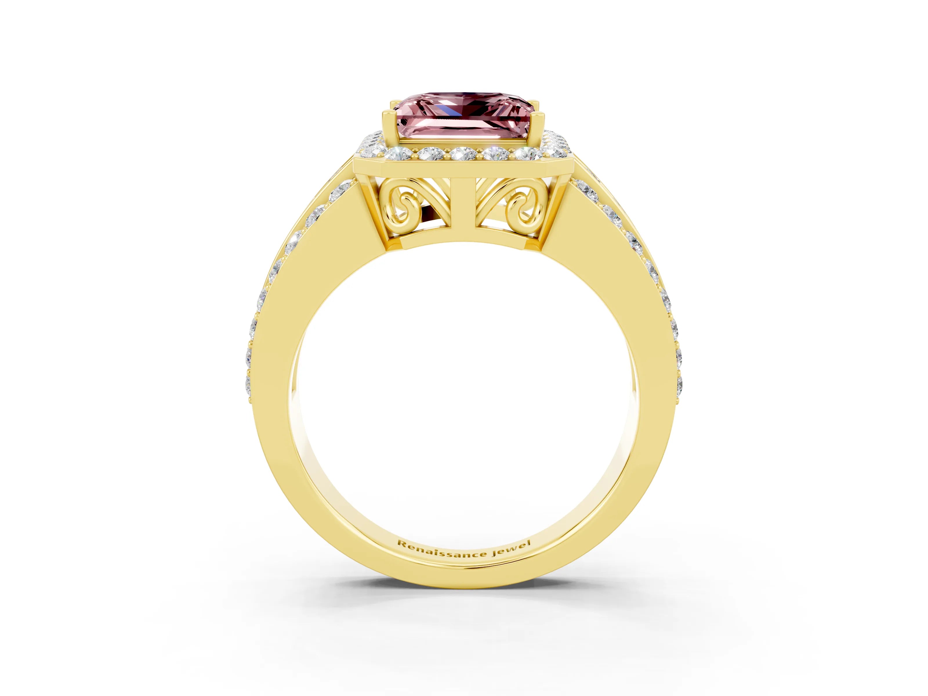 Yellow gold Princess Cut Halo Morganite Ring with Split Shank and Four-Prong Setting_3