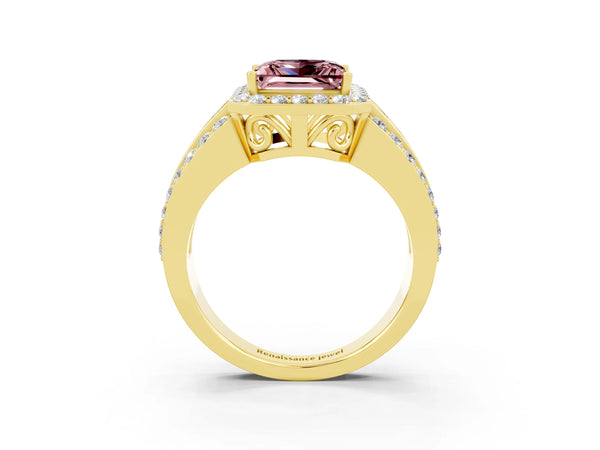 Yellow gold Princess Cut Halo Morganite Ring with Round  Split Shank and Prong Setting