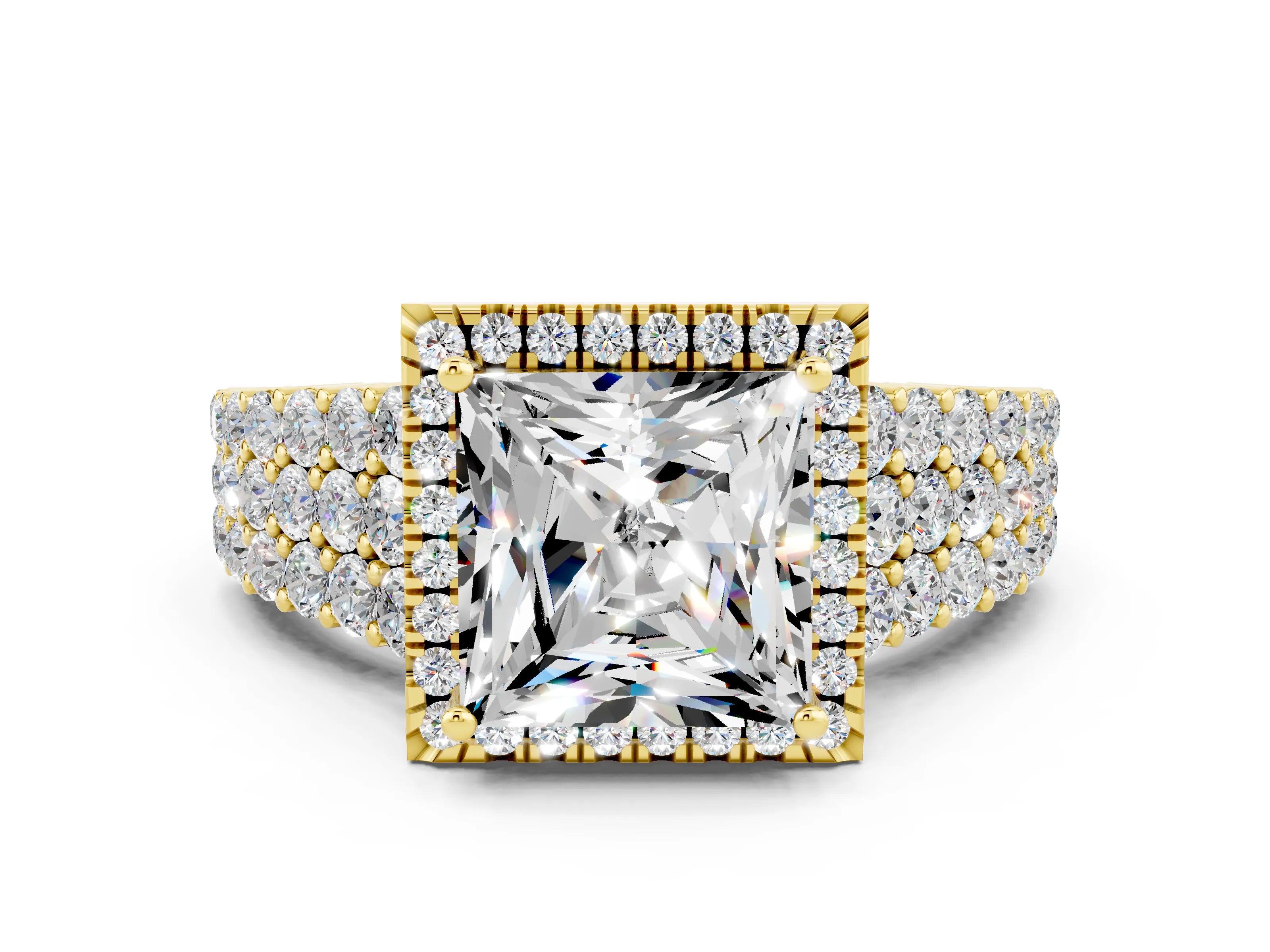 Yellow gold Princess Cut Halo Pavé Diamond Engagement Ring with Split Shank and Four-Prong Setting