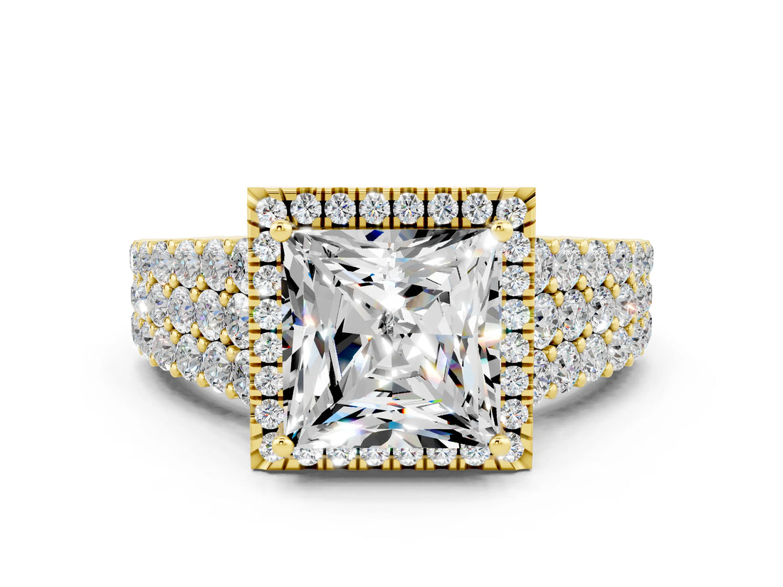 Yellow gold Princess Cut Halo Pavé Diamond Engagement Ring with Split Shank and Four-Prong Setting